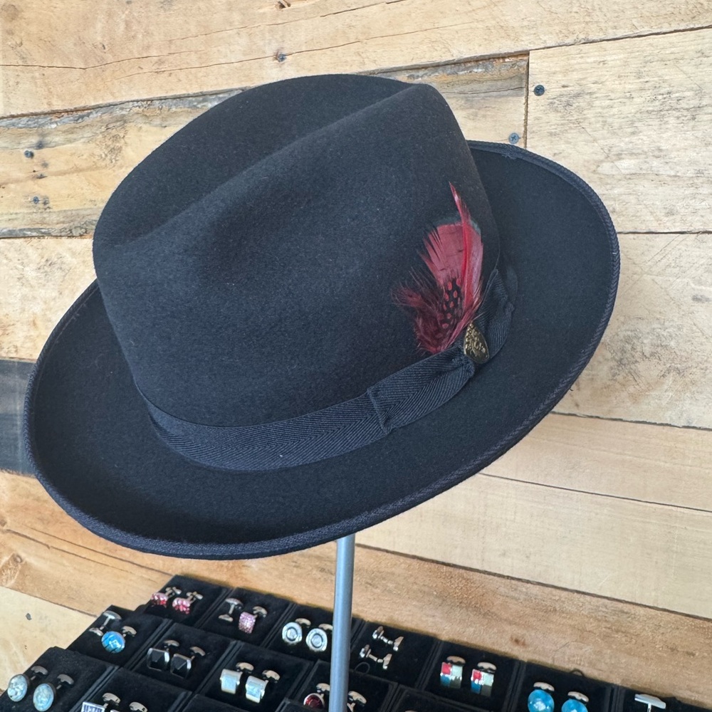 Dobbs Black Wool Fedora Hat with Red Feather Trim